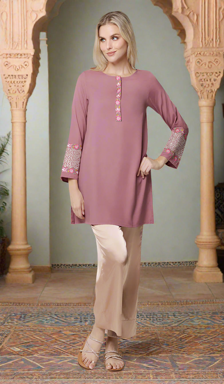 Siyar Embroidered Modest Formal Tunic - Mauve/Gold