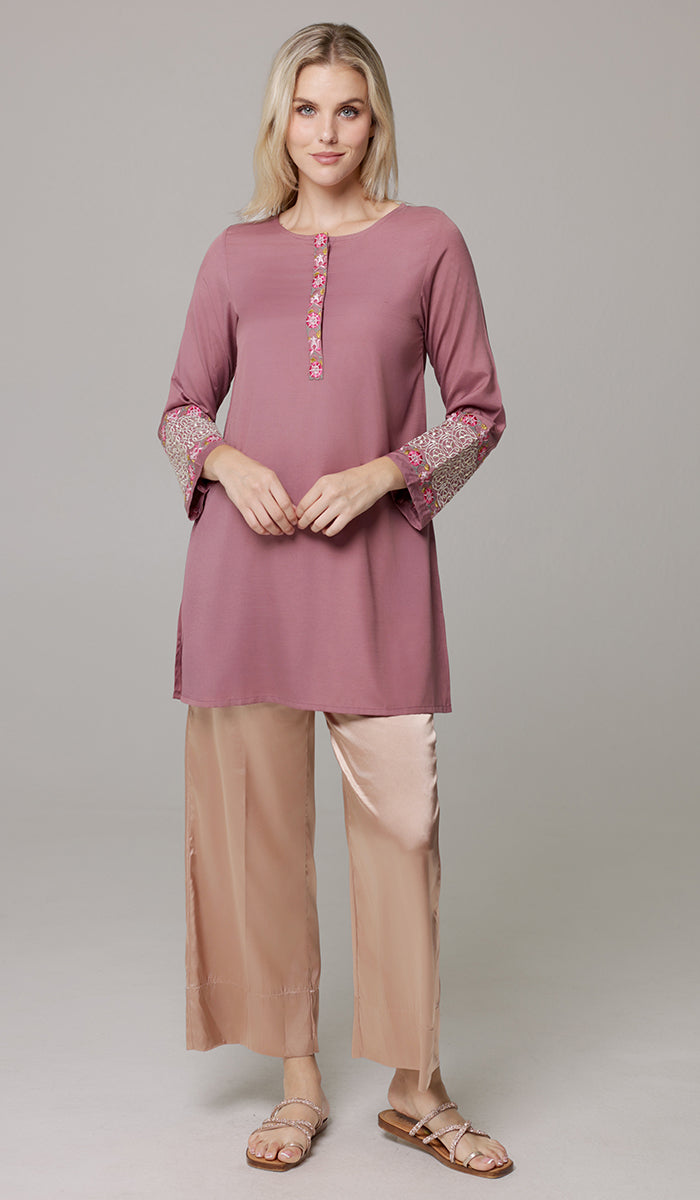 Siyar Embroidered Modest Formal Tunic - Mauve/Gold