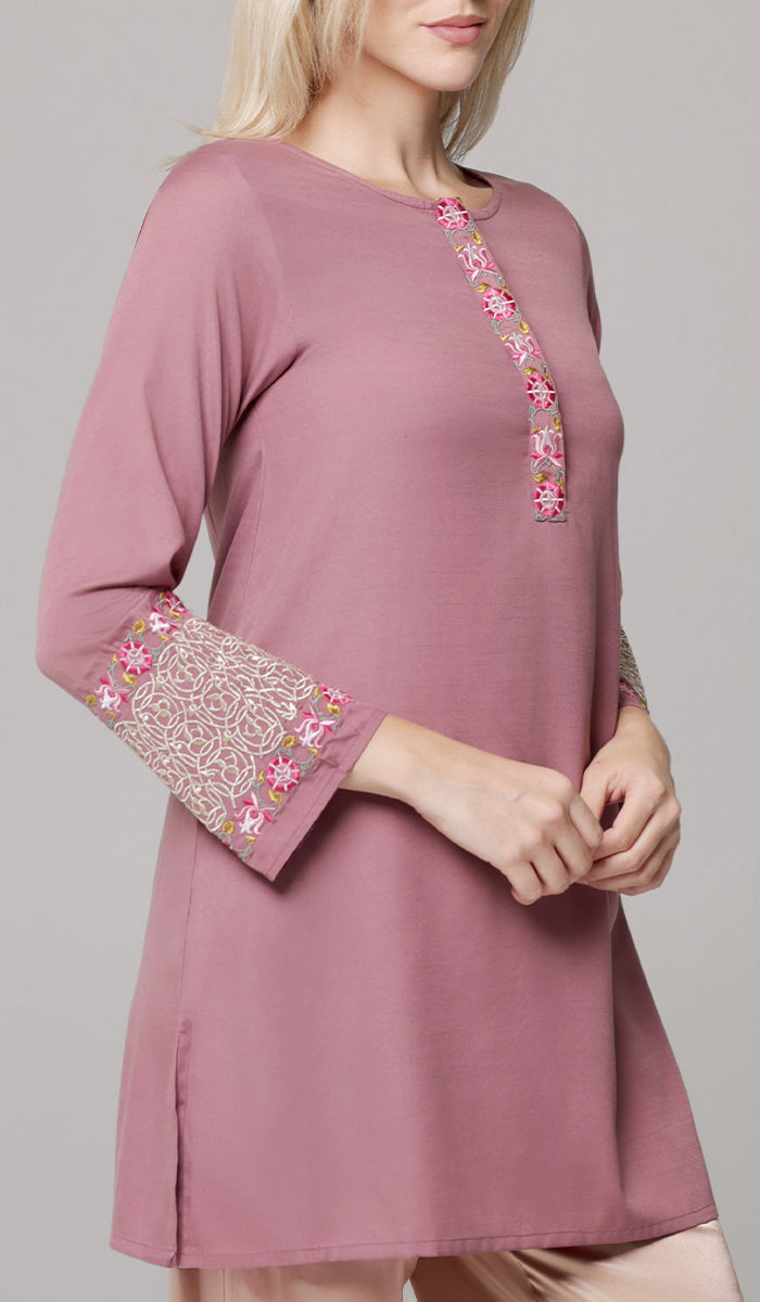 Siyar Embroidered Modest Formal Tunic - Mauve/Gold