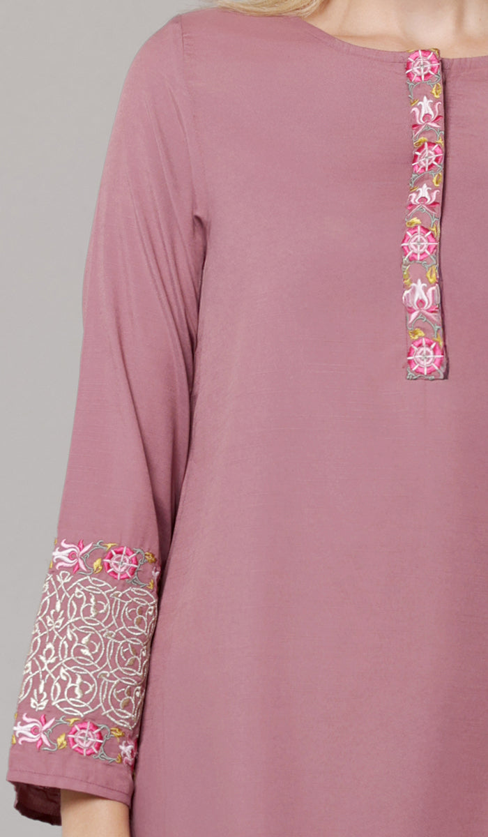 Siyar Embroidered Modest Formal Tunic - Mauve/Gold