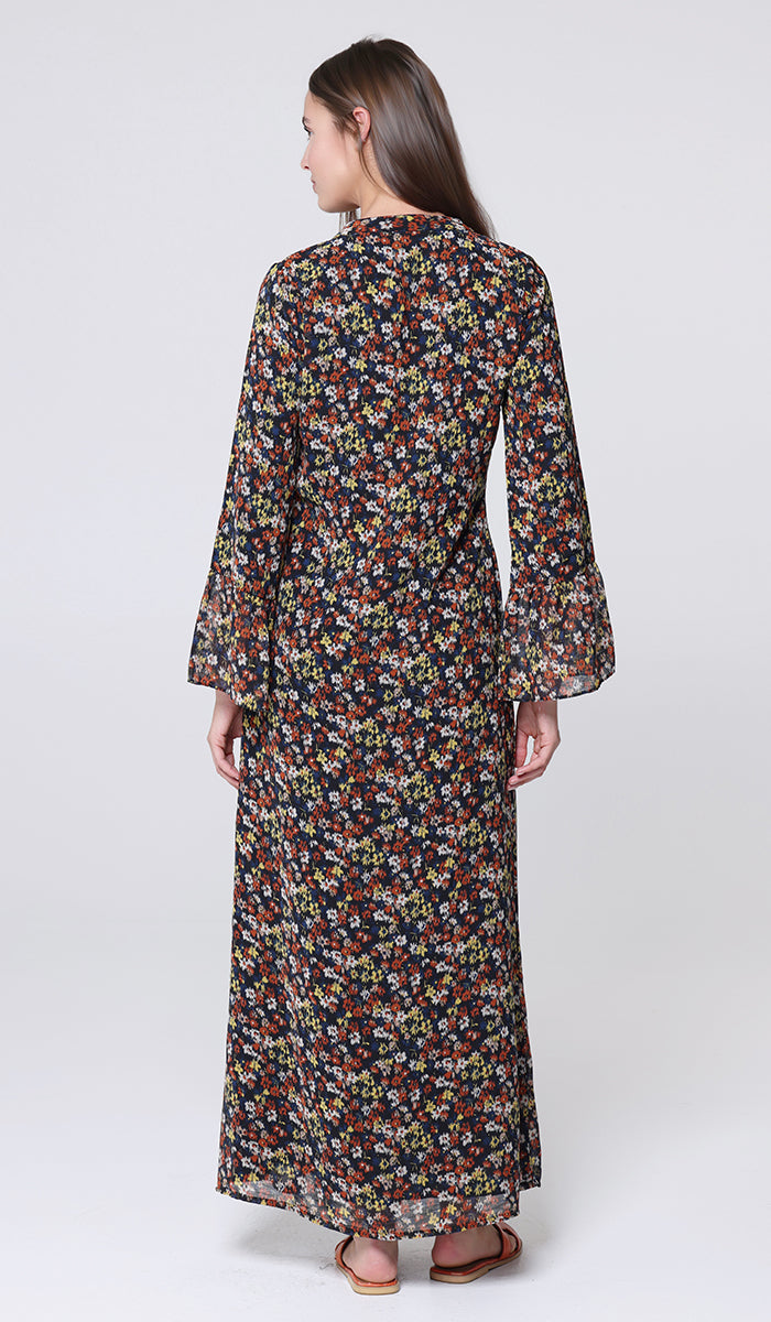 Robe longue longue modeste en mousseline de soie smockée Nadia - Noir