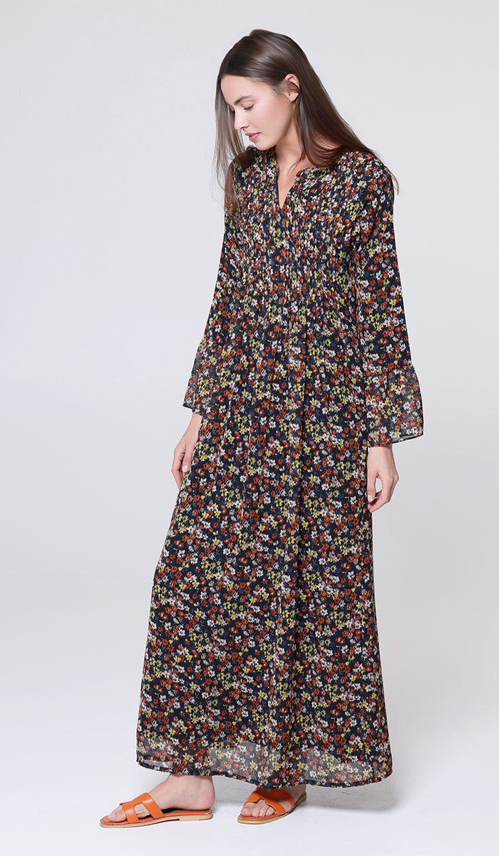Robe longue longue modeste en mousseline de soie smockée Nadia - Noir