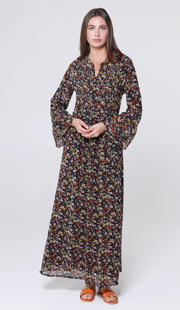 Robe longue longue modeste en mousseline de soie smockée Nadia - Noir