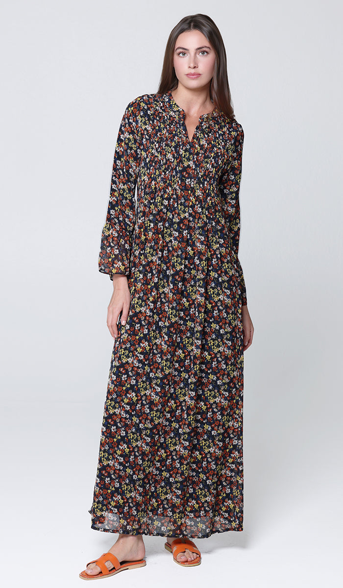 Robe longue longue modeste en mousseline de soie smockée Nadia - Noir
