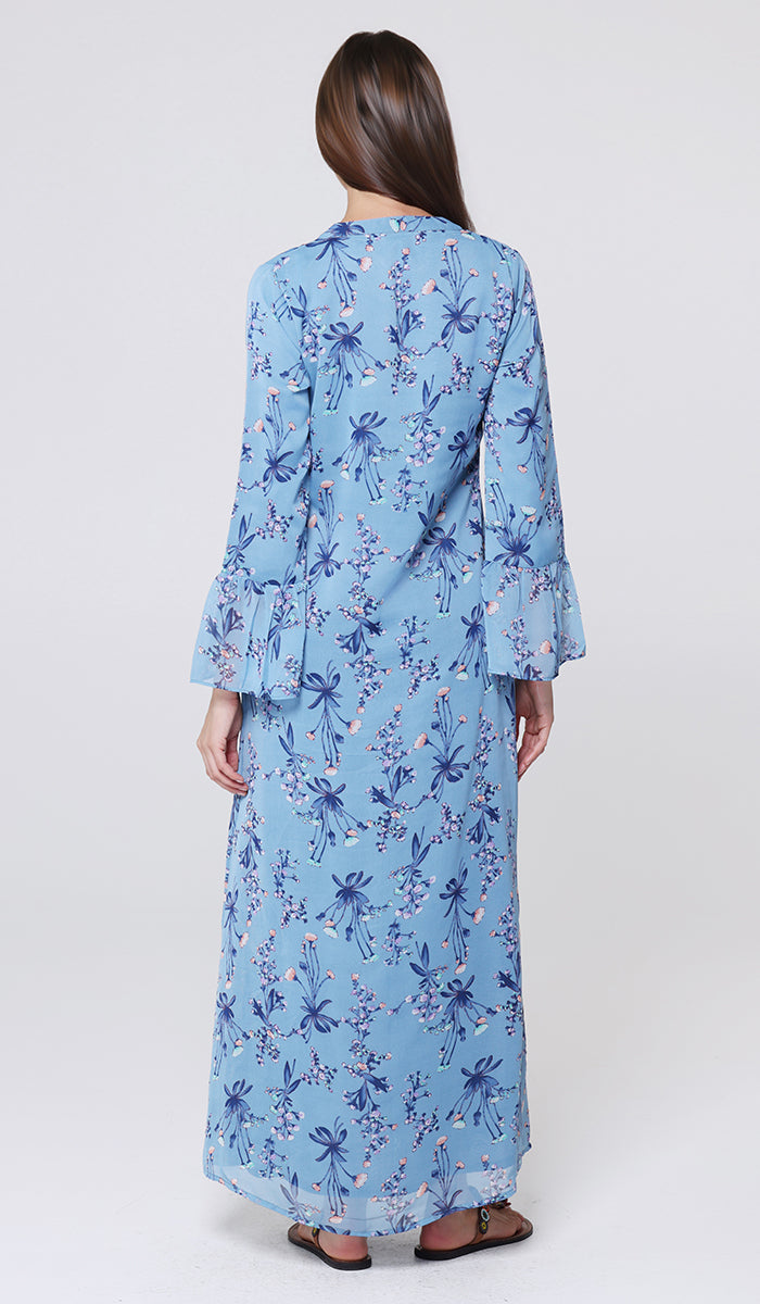 Sonia Pleated Print Chiffon Modest Long Maxi Dress - Blue Blossom
