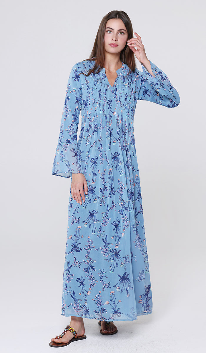 Sonia Pleated Print Chiffon Modest Long Maxi Dress - Blue Blossom