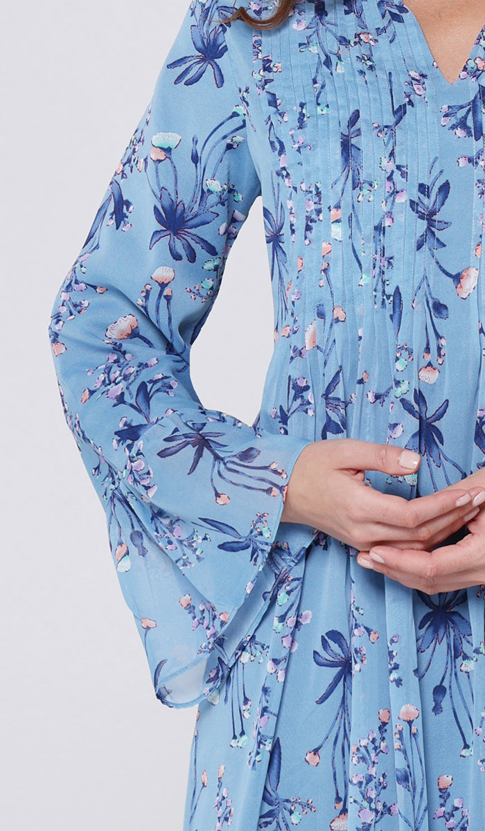 Sonia Pleated Print Chiffon Modest Long Maxi Dress - Blue Blossom