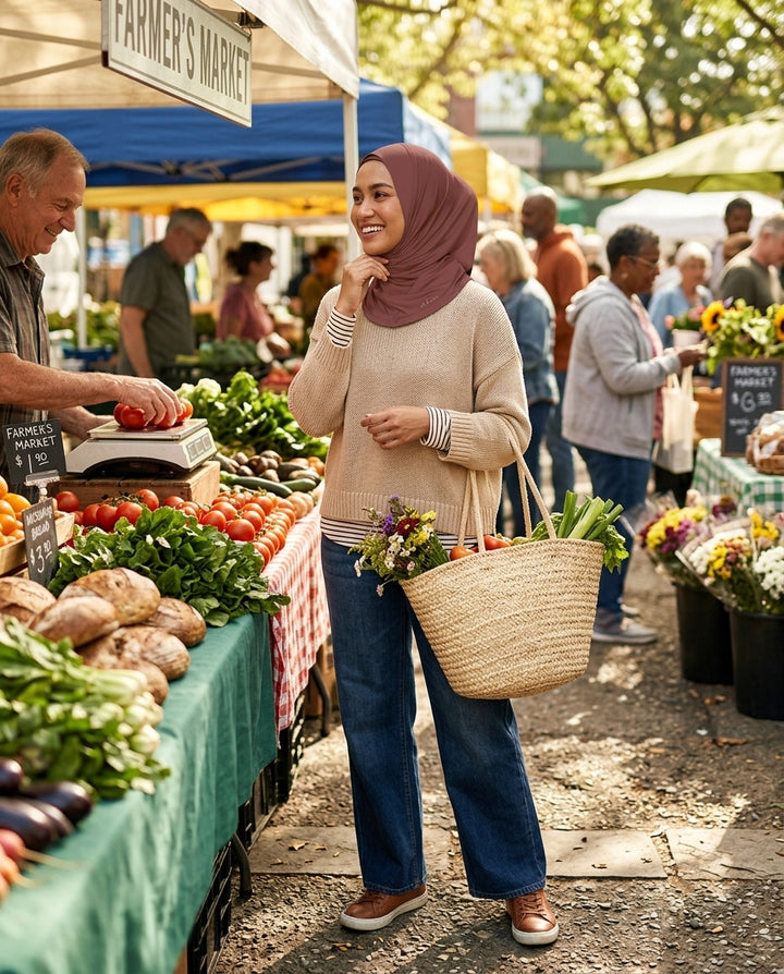 Woman shopping at a farmer's market with a basket of produce.
