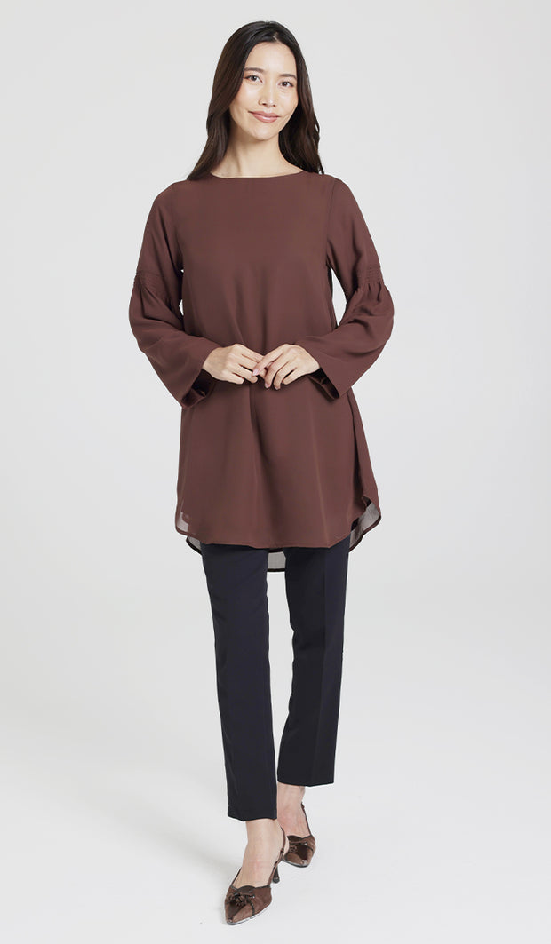 Sundus Long Chiffon Modest Top - Chocolate - PREORDER (ships in 2 weeks)