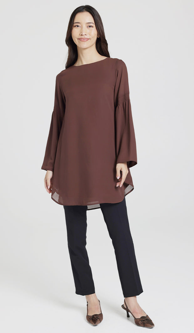 Sundus Long Chiffon Modest Top - Chocolate - PREORDER (ships in 2 weeks)