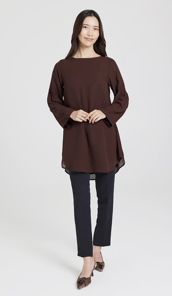 Sundus Long Chiffon Modest Top - Chocolate - PREORDER (ships in 2 weeks)