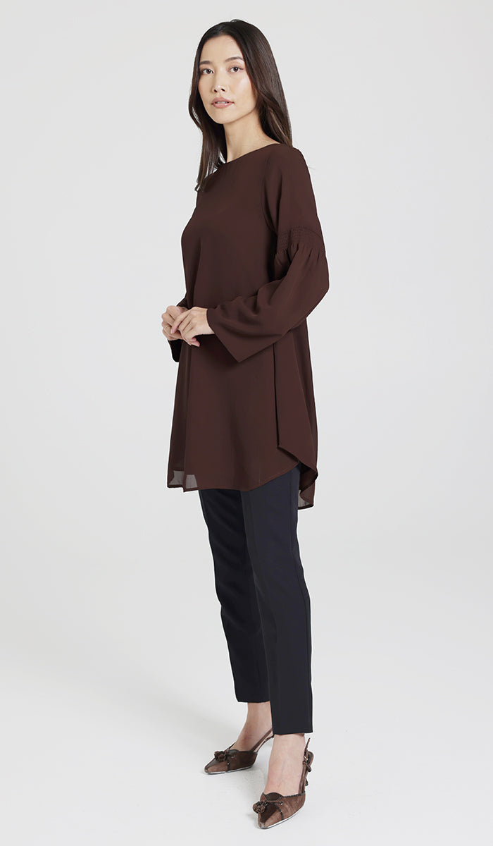 Sundus Long Chiffon Modest Top - Chocolate - PREORDER (ships in 2 weeks)