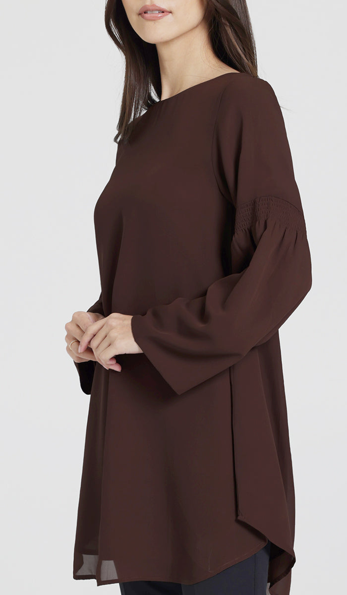 Sundus Long Chiffon Modest Top - Chocolate - PREORDER (ships in 2 weeks)
