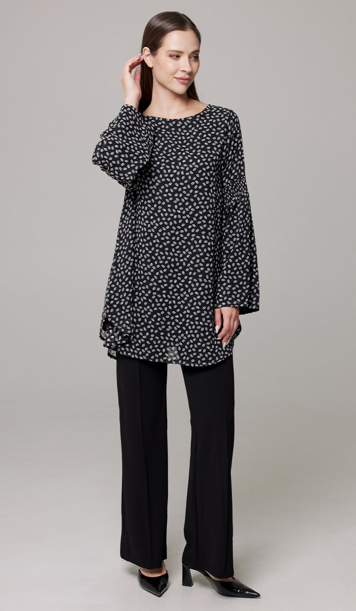 Sundus Long Chiffon Print Modest Top - Black/White Dot