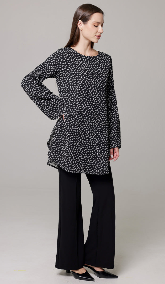 Sundus Long Chiffon Print Modest Top - Black/White Dot