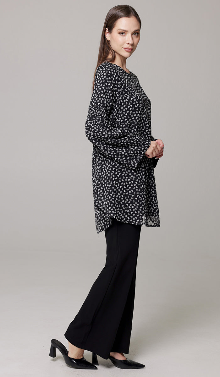 Sundus Long Chiffon Print Modest Top - Black/White Dot