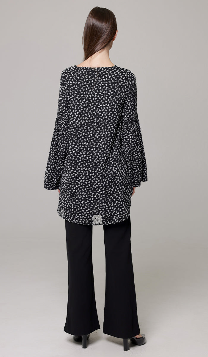 Sundus Long Chiffon Print Modest Top - Black/White Dot