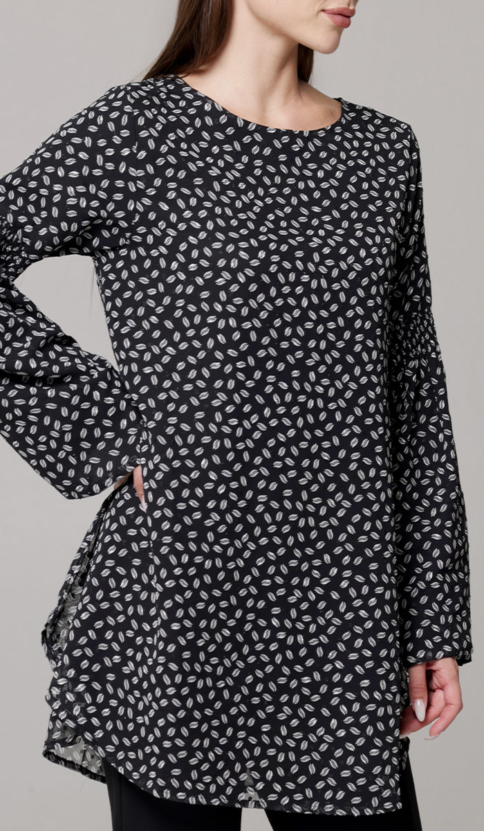 Sundus Long Chiffon Print Modest Top - Black/White Dot