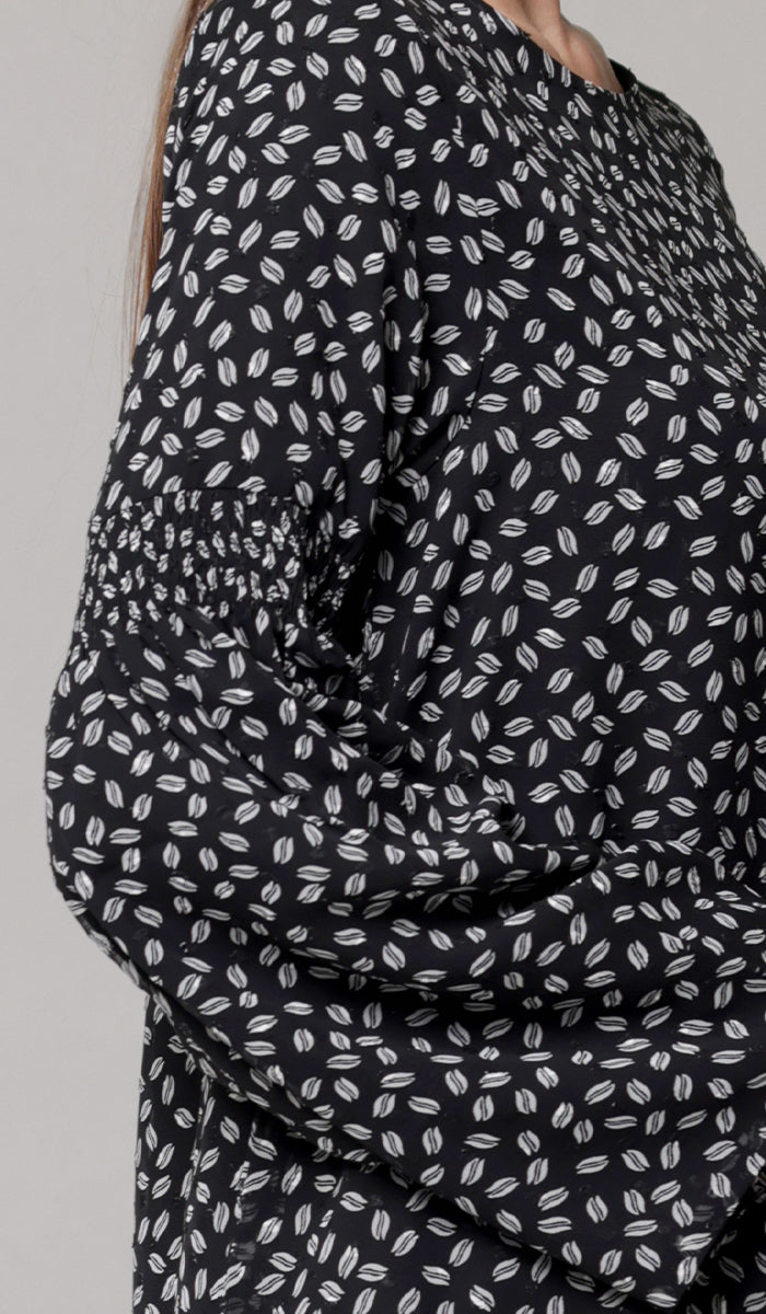 Sundus Long Chiffon Print Modest Top - Black/White Dot