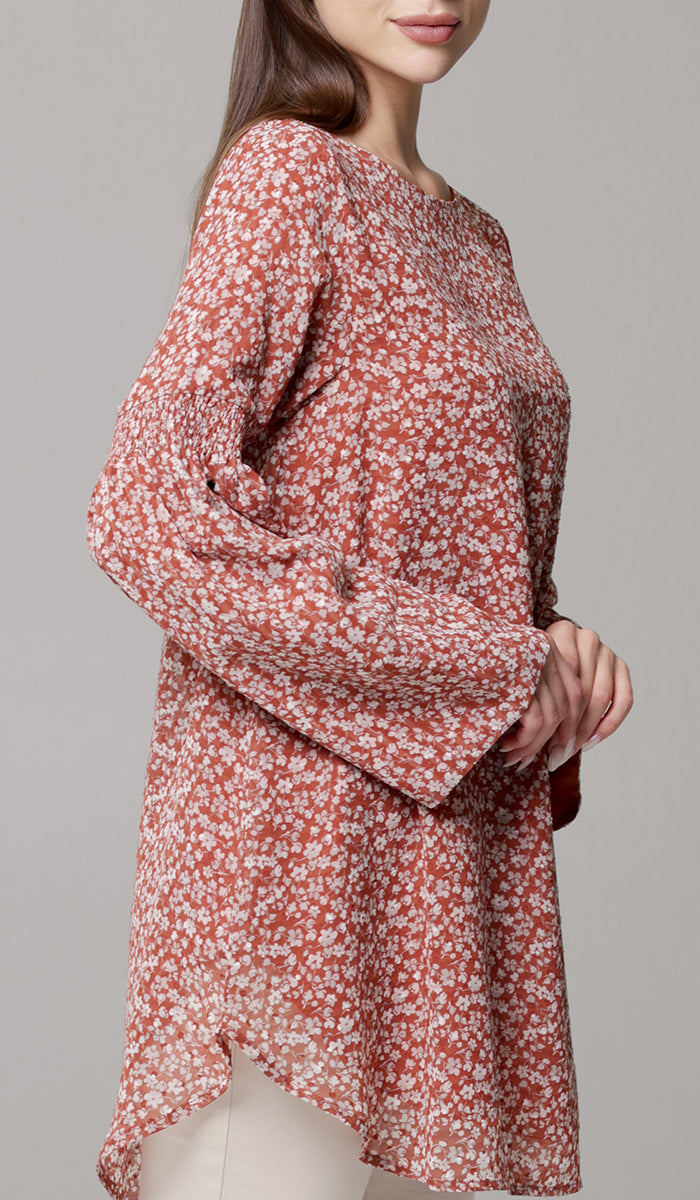 Sundus Long Chiffon Print Modest Top - Coral Floral - PREORDER (ships in 2 weeks)