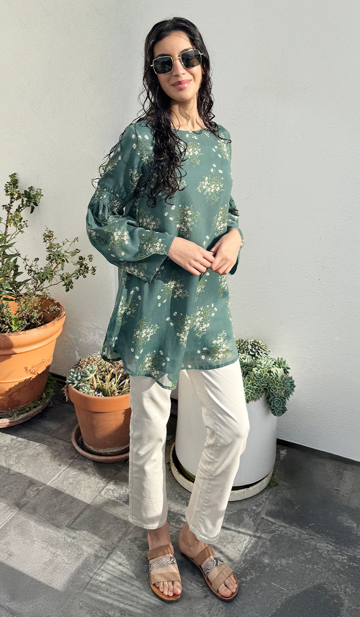 Sundus Long Chiffon Print Modest Top - Jade Floral