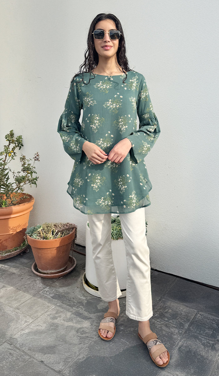 Sundus Long Chiffon Print Modest Top - Jade Floral