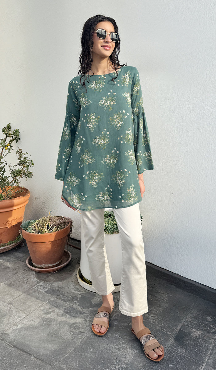 Sundus Long Chiffon Print Modest Top - Jade Floral