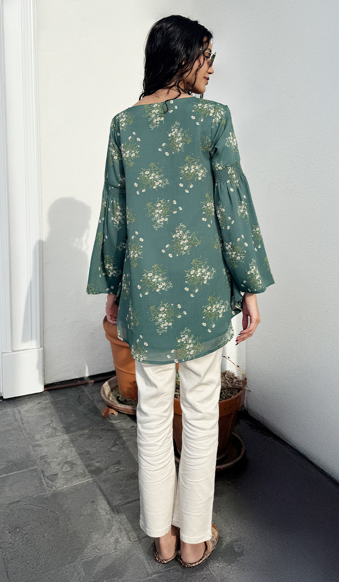 Sundus Long Chiffon Print Modest Top - Jade Floral