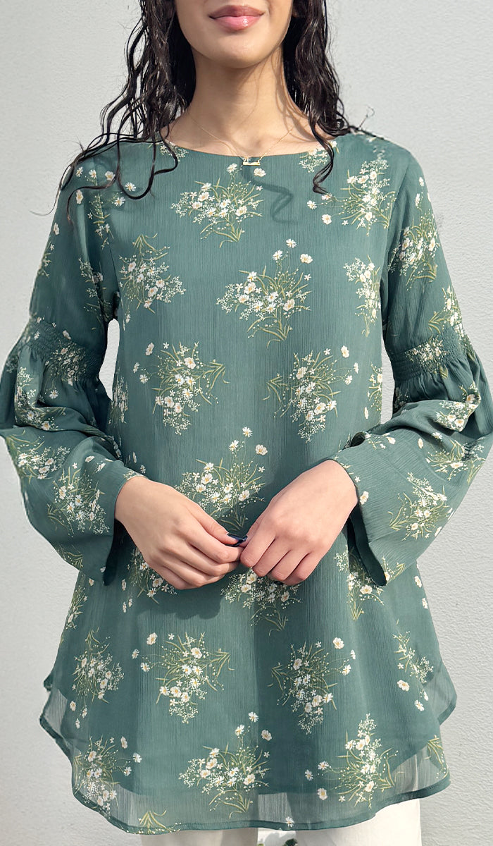 Sundus Long Chiffon Print Modest Top - Jade Floral