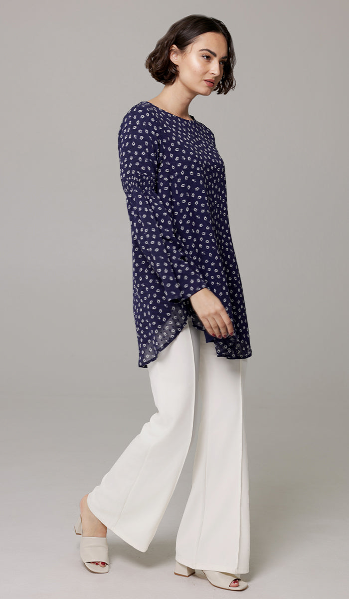 Sundus Long Chiffon Print Modest Top - Navy Floral