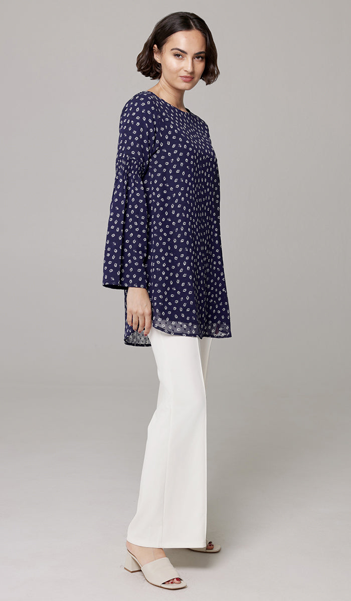 Sundus Long Chiffon Print Modest Top - Navy Floral