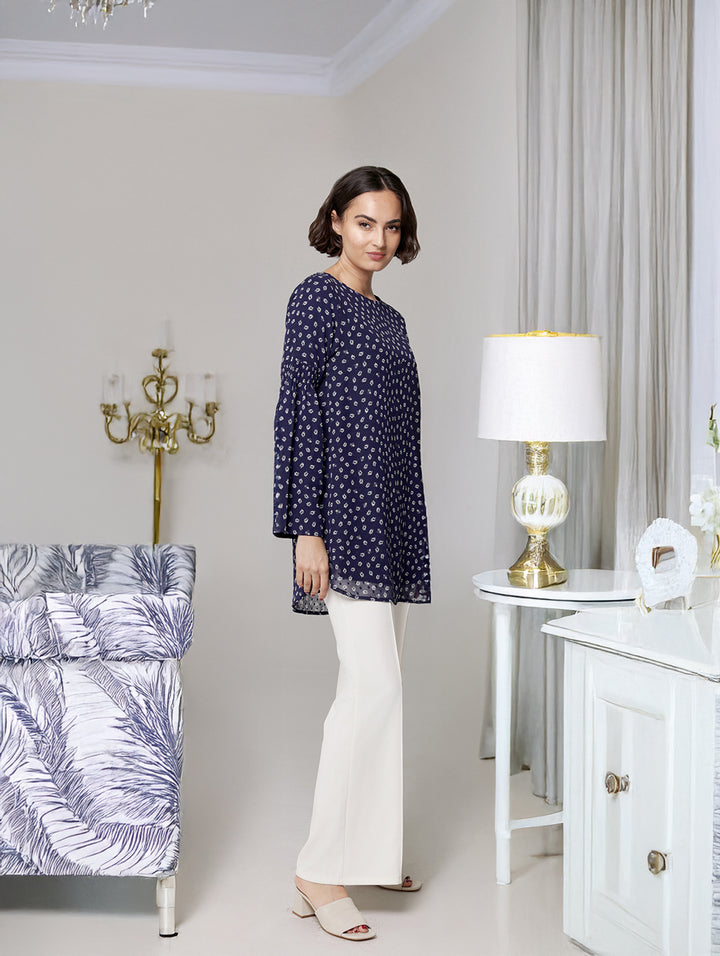 Sundus Long Chiffon Print Modest Top - Navy Floral