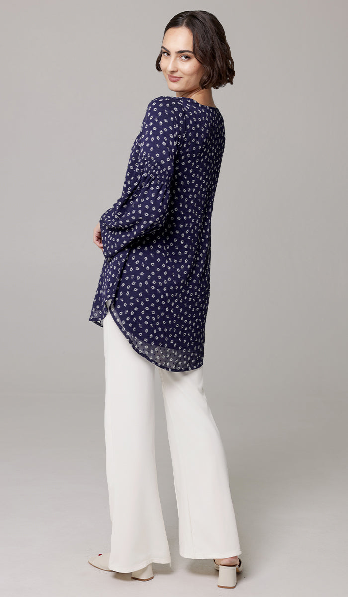 Sundus Long Chiffon Print Modest Top - Navy Floral