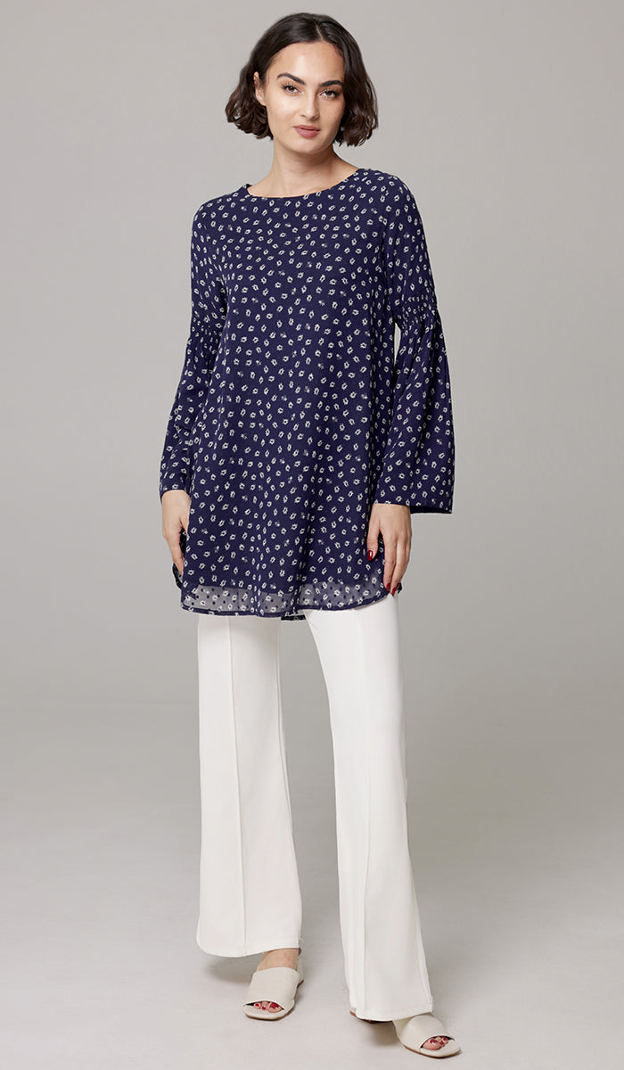 Sundus Long Chiffon Print Modest Top - Navy Floral