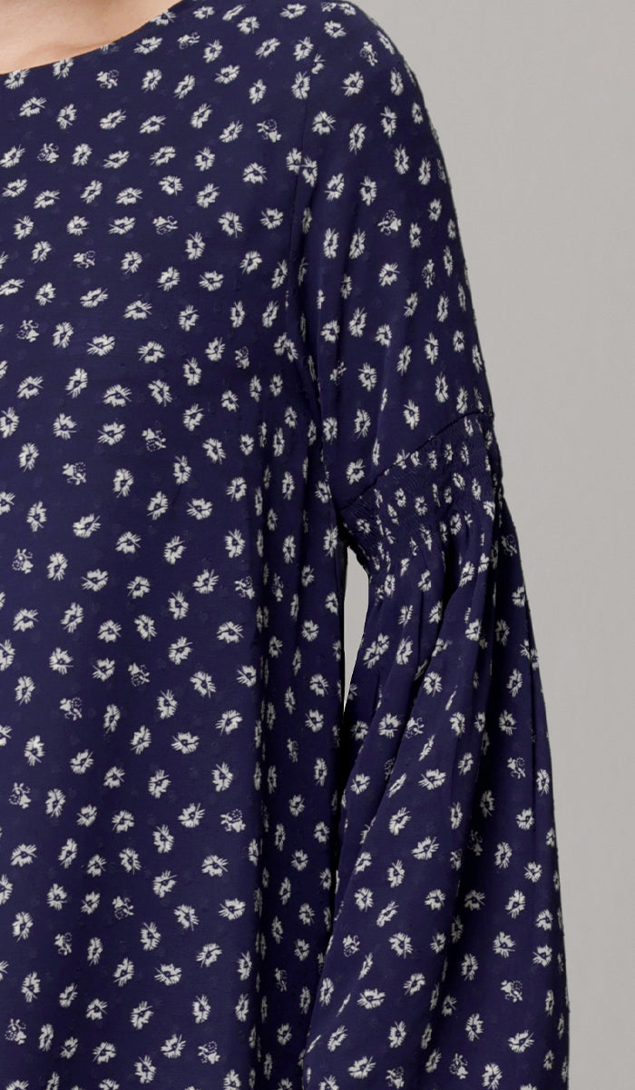 Sundus Long Chiffon Print Modest Top - Navy Floral