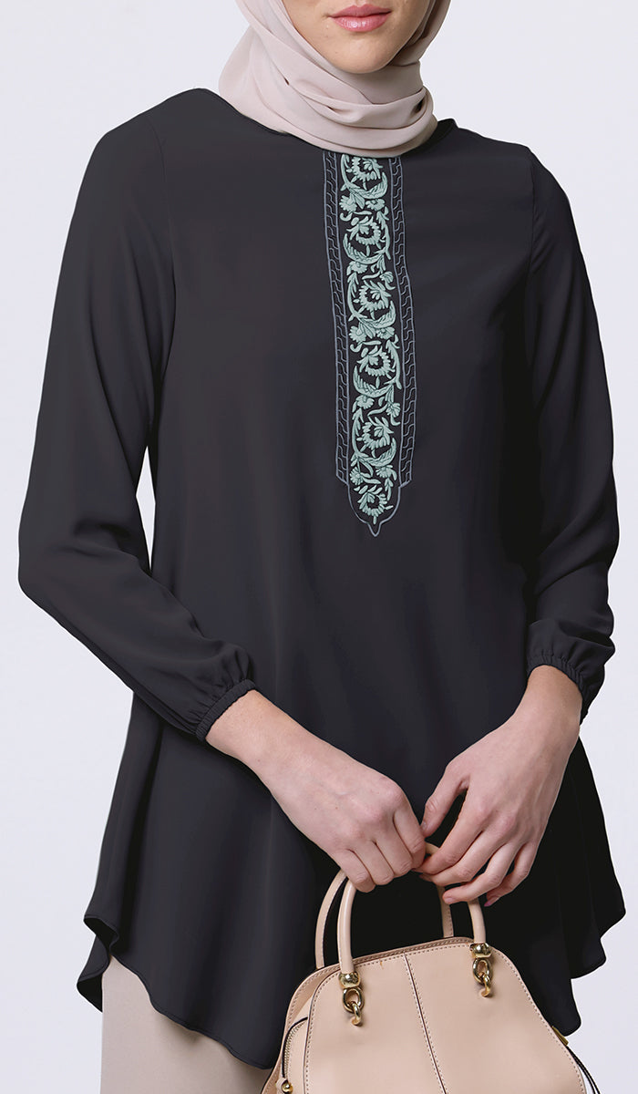 Tunique longue modeste brodée Suroor - Noir