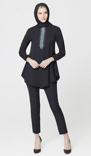 Suroor Embroidered Long Modest Tunic - Black