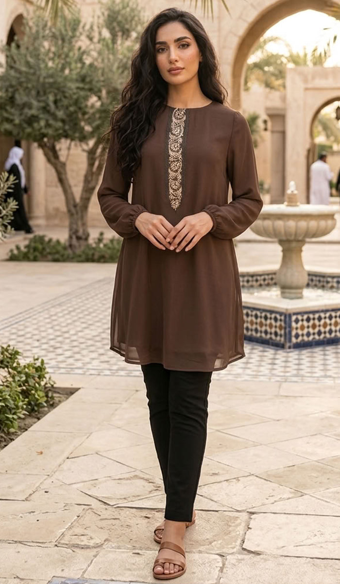 Tunique modeste longue brodée Suroor - Sauge