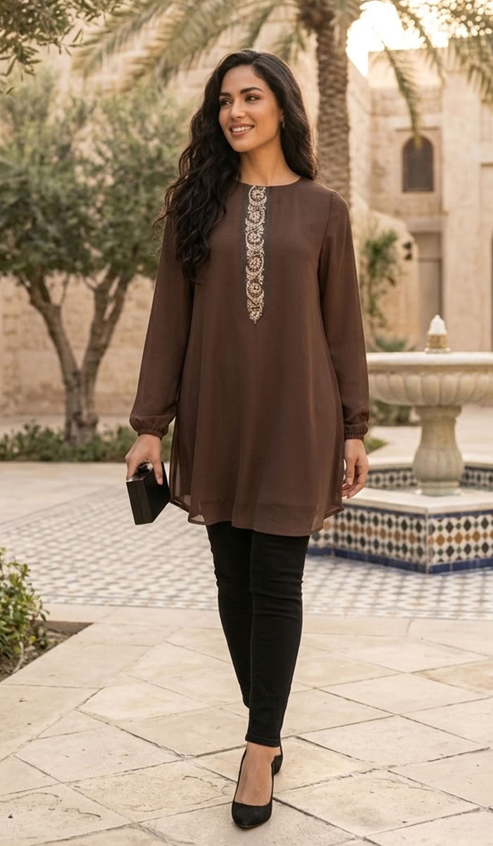 Tunique modeste longue brodée Suroor - Sauge