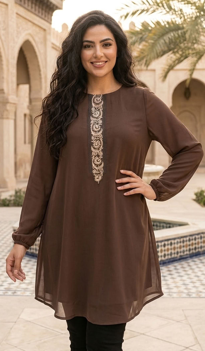 Tunique modeste longue brodée Suroor - Sauge