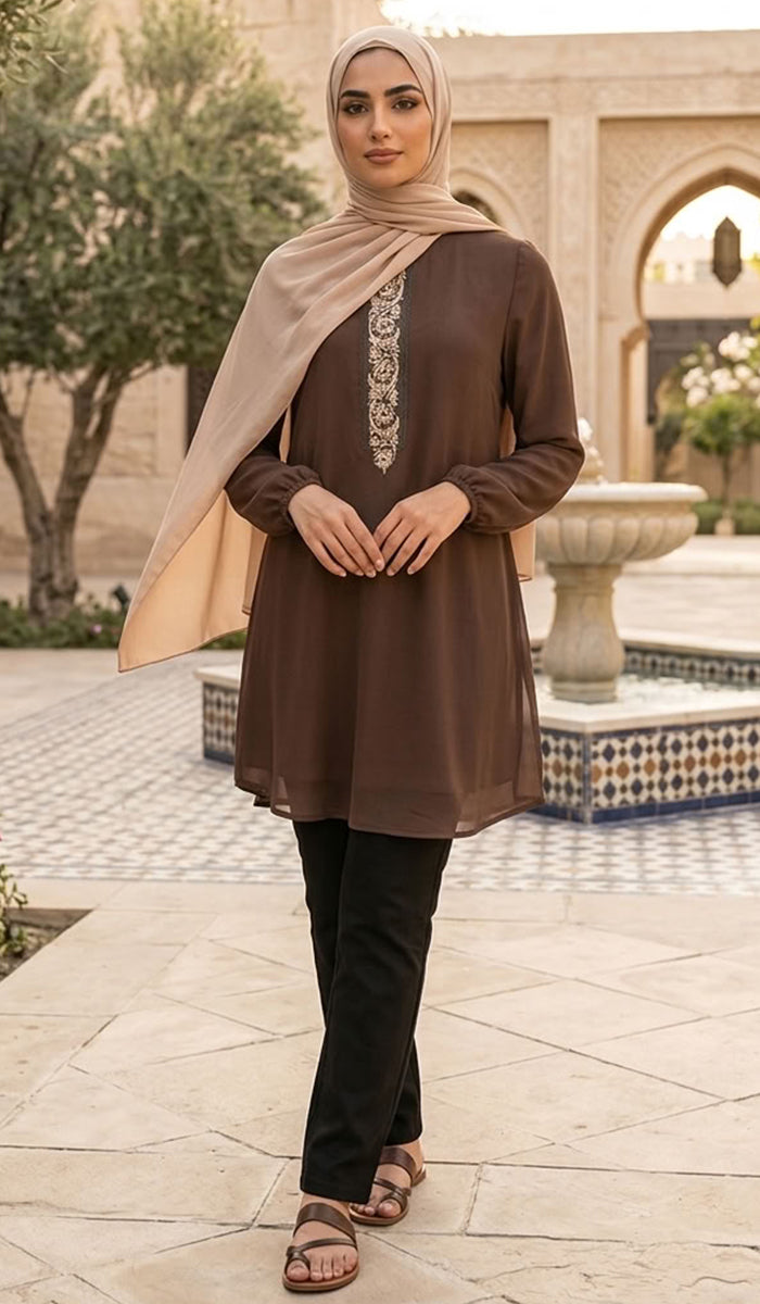 Tunique modeste longue brodée Suroor - Sauge