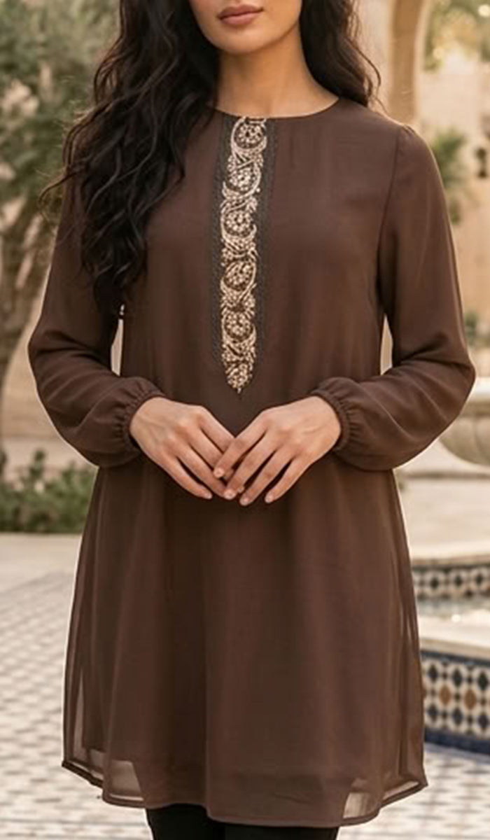 Tunique modeste longue brodée Suroor - Sauge