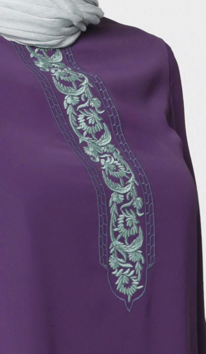 Embroidery details of Suroor tunic in Dark Purple. 