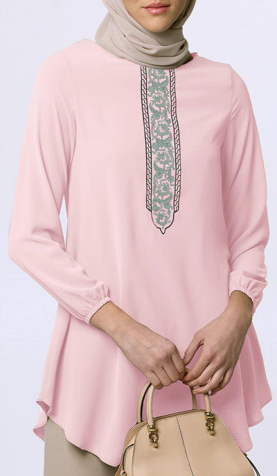 Suroor Embroidered Long Modest Tunic - Dusty Rose
