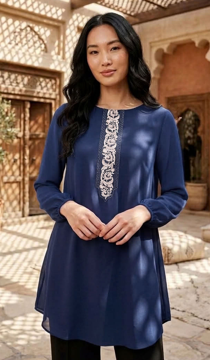 Suroor Embroidered Long Modest Tunic - Navy Blue - PREORDER (ships in 2 weeks)