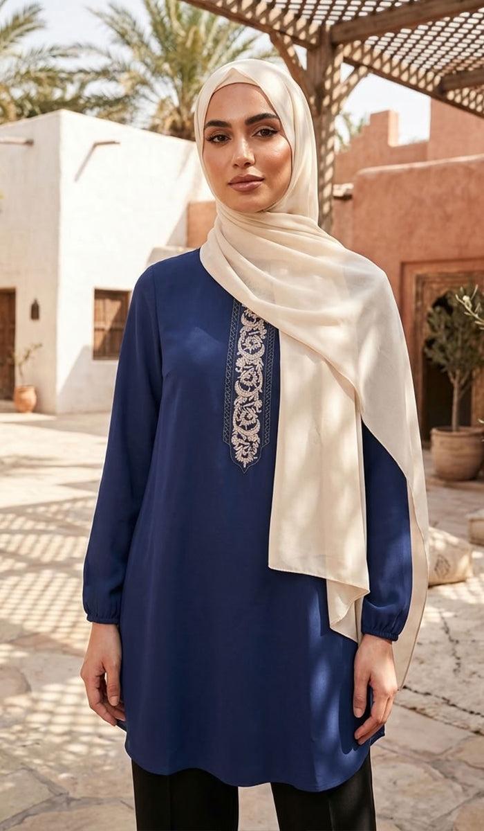 Suroor Embroidered Long Modest Tunic - Navy Blue - PREORDER (ships in 2 weeks)