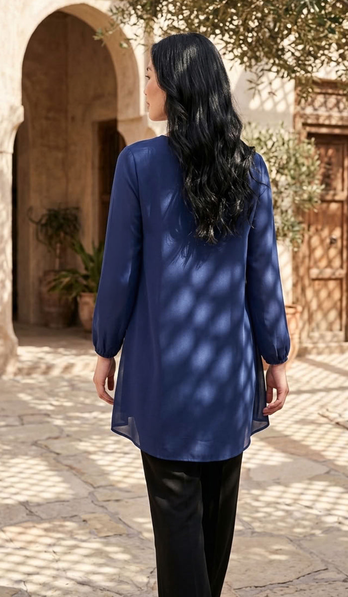 Suroor Embroidered Long Modest Tunic - Navy Blue - PREORDER (ships in 2 weeks)