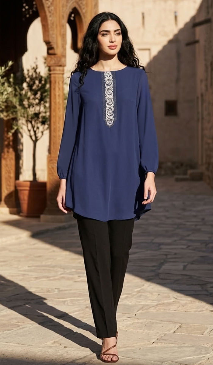 Suroor Embroidered Long Modest Tunic - Navy Blue - PREORDER (ships in 2 weeks)