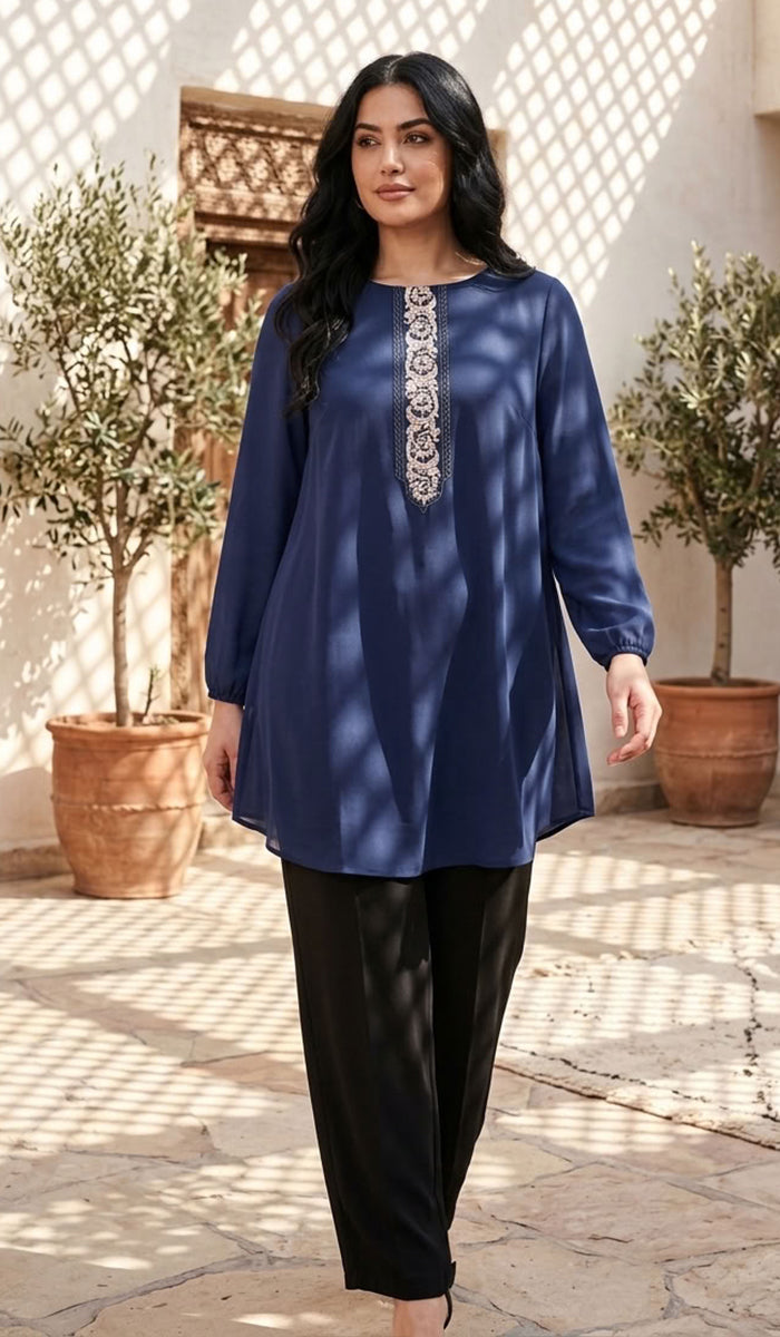 Suroor Embroidered Long Modest Tunic - Navy Blue - PREORDER (ships in 2 weeks)
