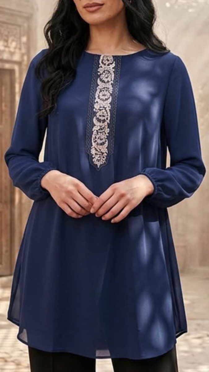 Suroor Embroidered Long Modest Tunic - Navy Blue - PREORDER (ships in 2 weeks)